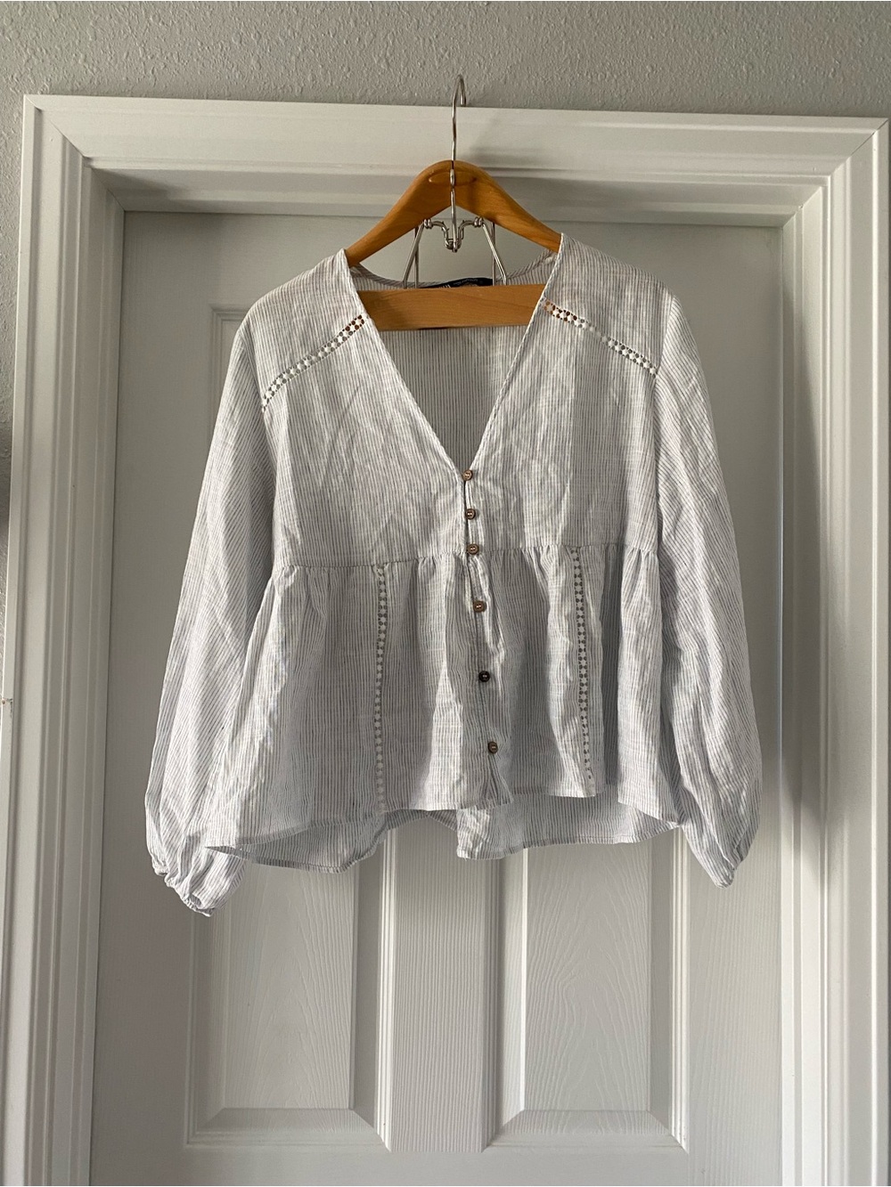 Zara Blue Stripe White Lace Trim Long Sleeve  romantic Blouse  M